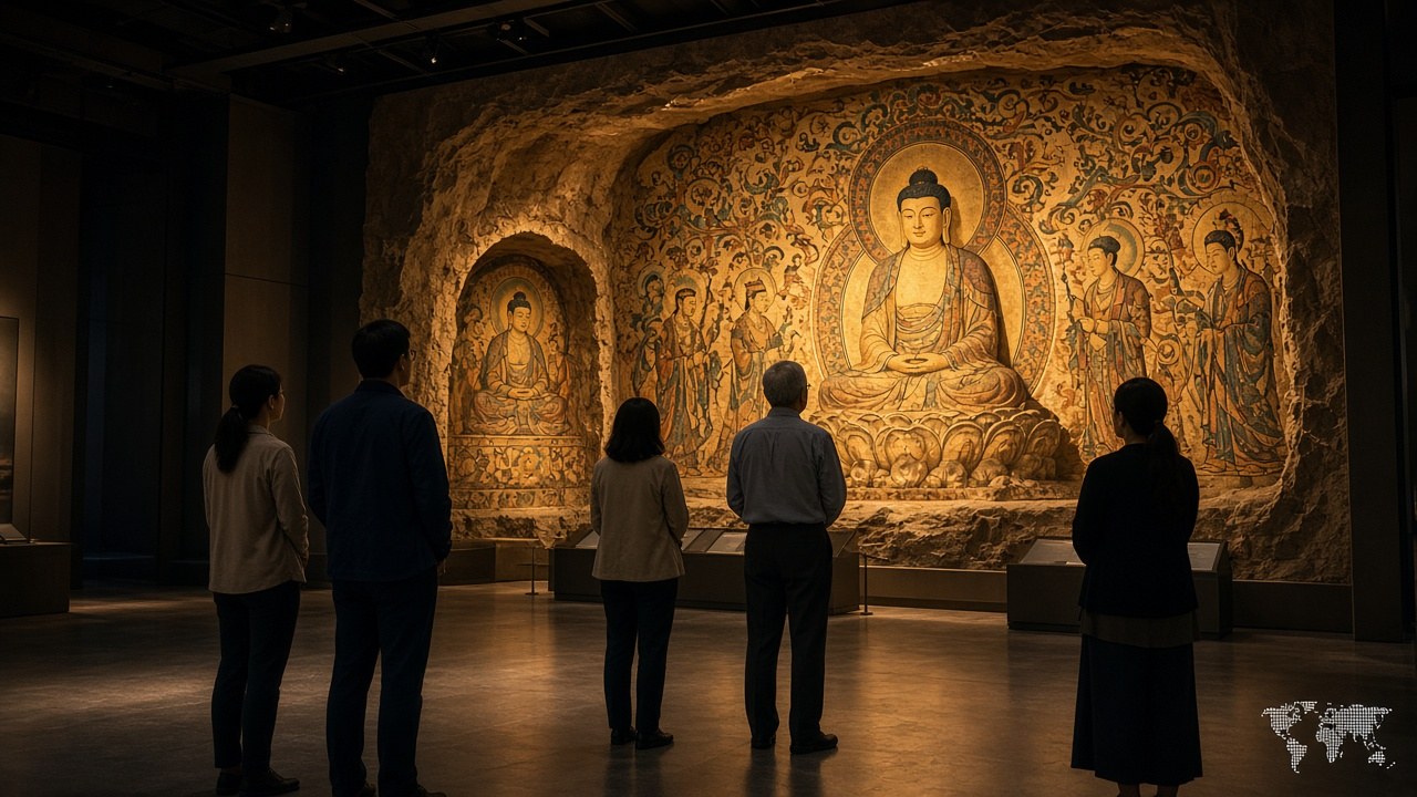 Illustration of visitors inside a full-size Dunhuang cave replica with Buddhist murals.