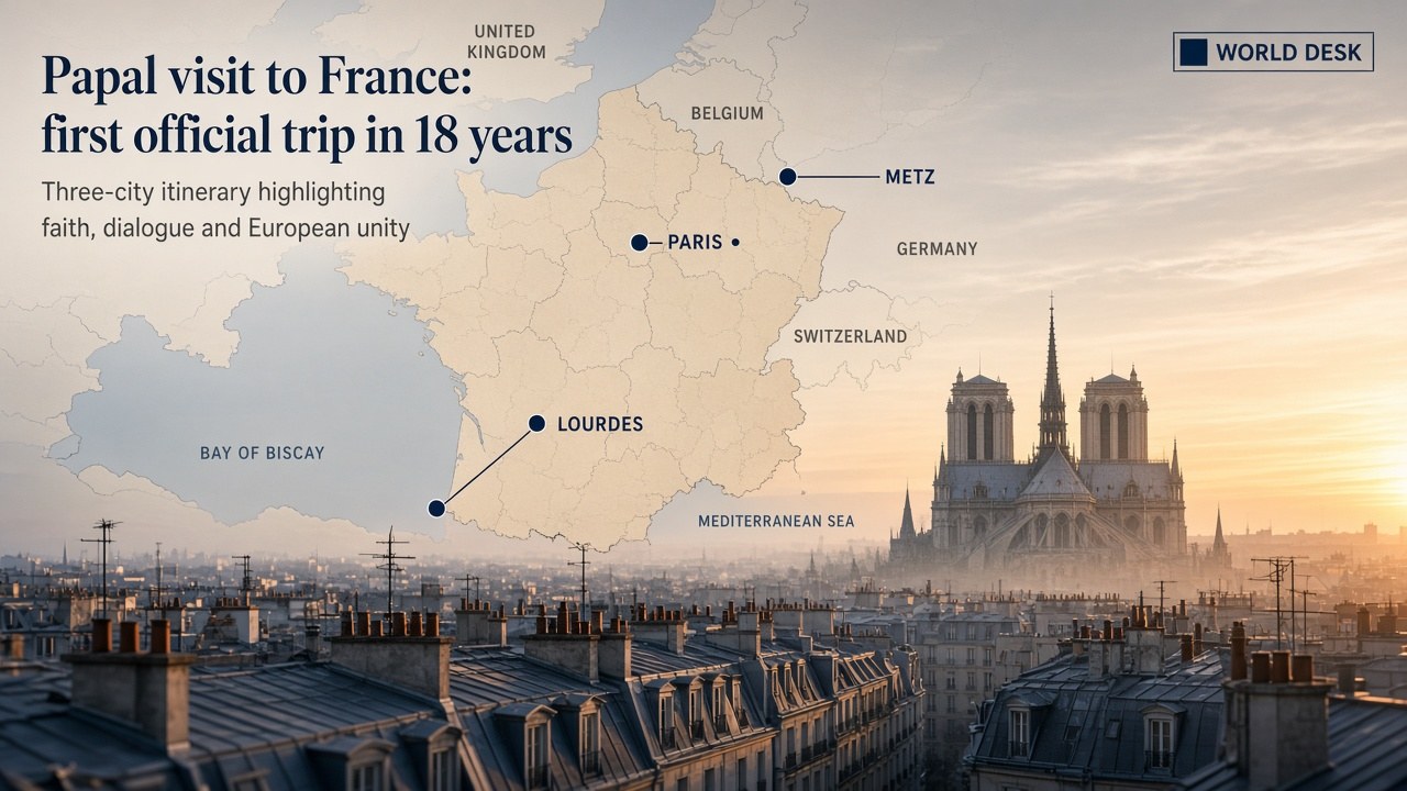 Pope Leo XIV lands in Paris for the first official papal visit to France in 18 years as church bells ring nationwide