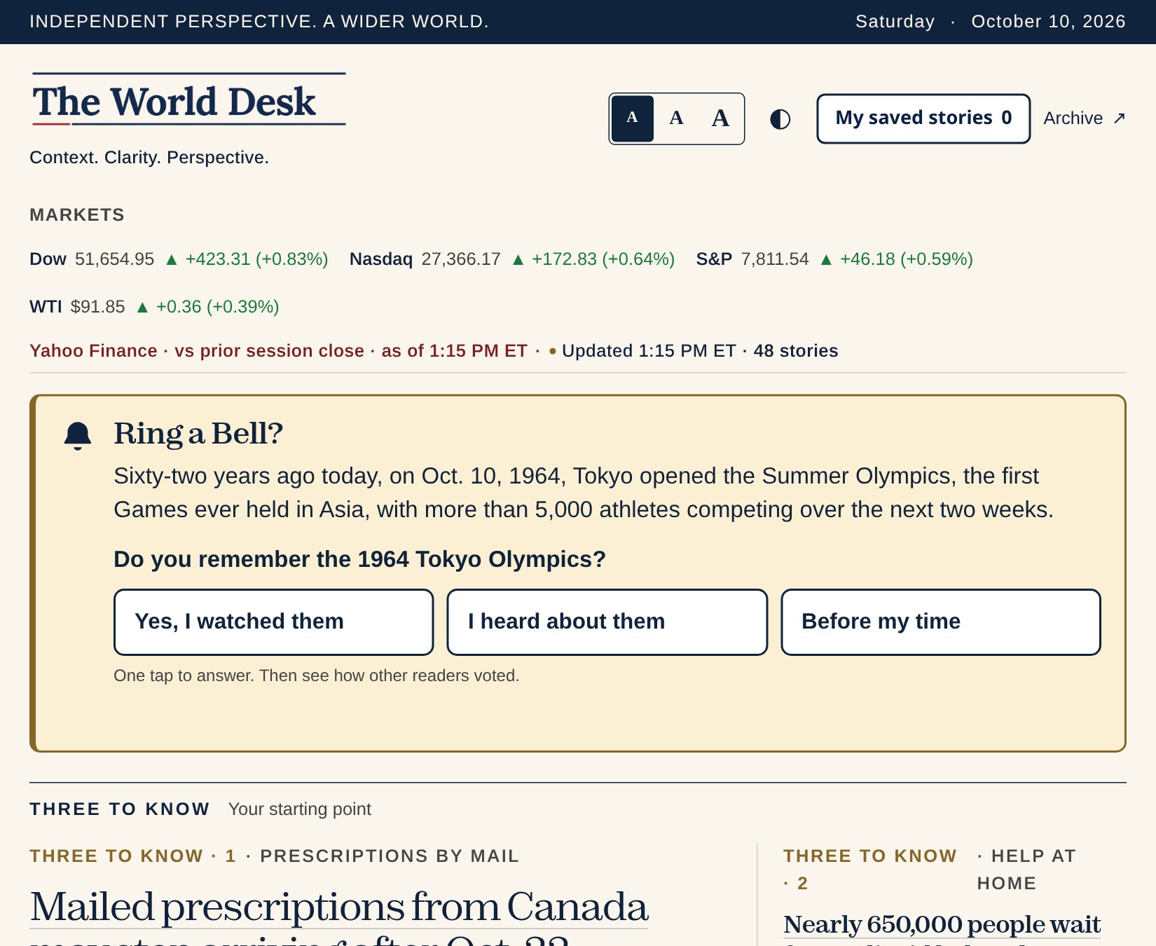 Sample of The World Desk daily briefing with a Courtesy of Your Community banner, a Community App button with a username reminder, and your labeled line at the very top