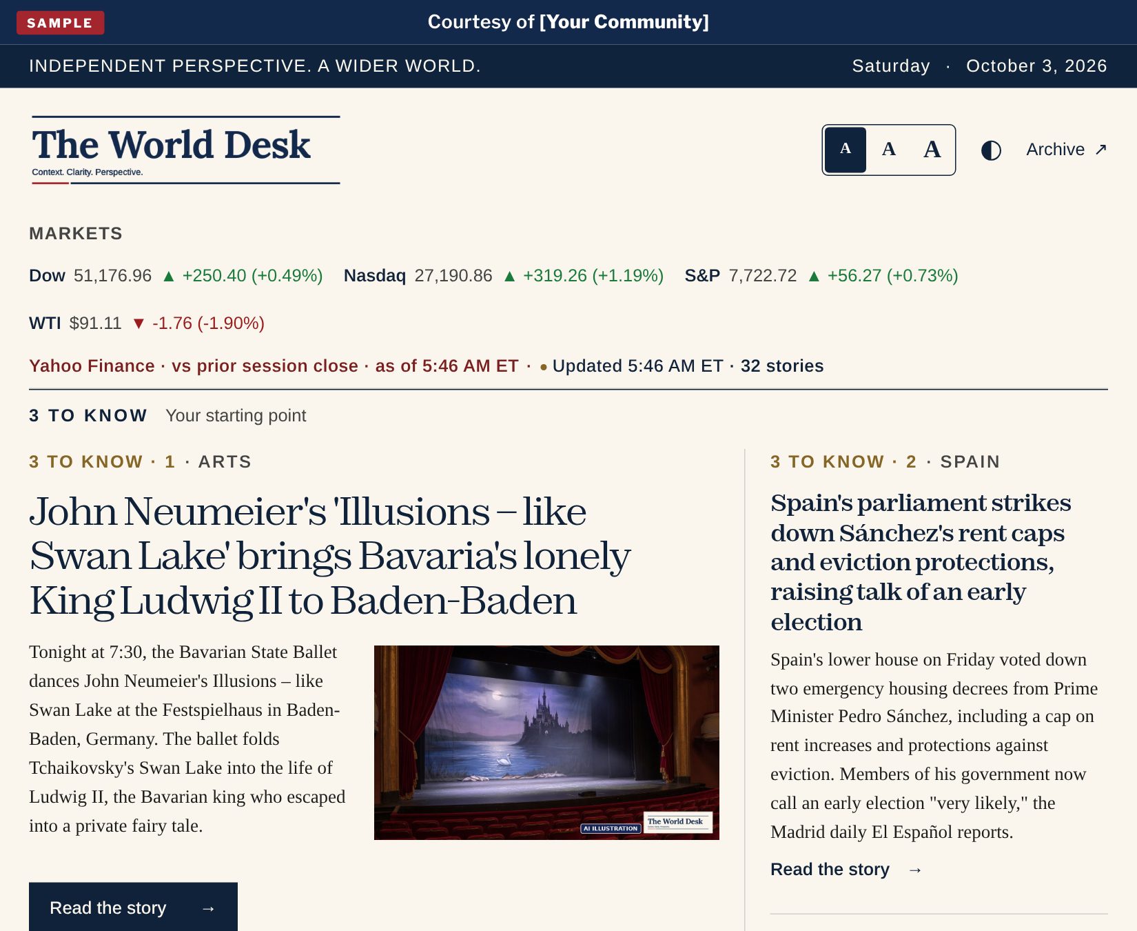 Sample: the top of the October 3, 2026 daily briefing with a bar across the top reading 'Courtesy of [Your Community]'