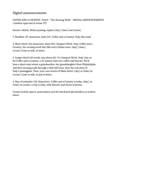 Preview of the first page: Screen announcements