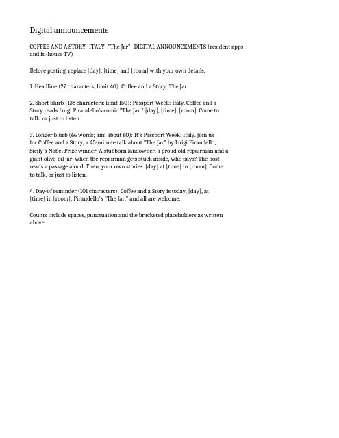 Preview of the first page: Screen announcements