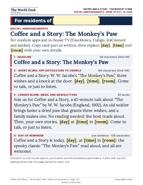 Preview of the first page: Screen announcements