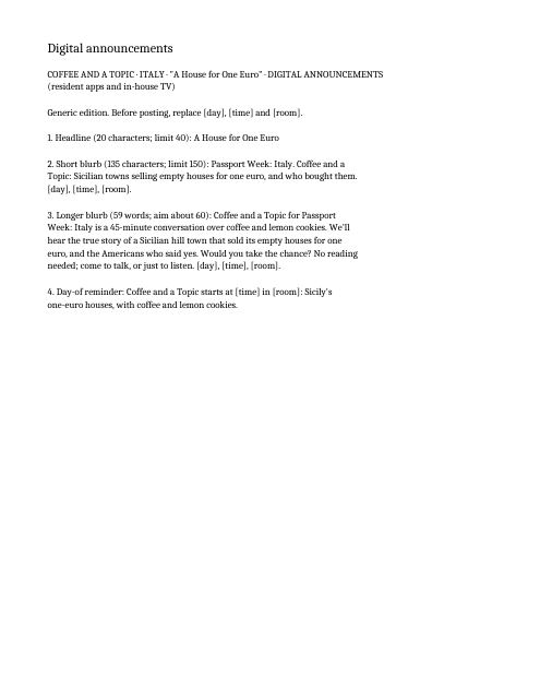 Preview of the first page: Screen announcements