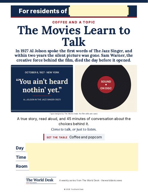 Printed poster for The Movies Learn to Talk, with blanks for day, time and room