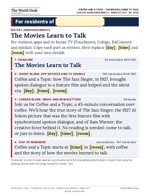 Preview of the first page: Screen announcements