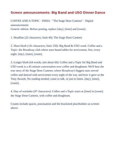 Preview of the first page: Screen announcements