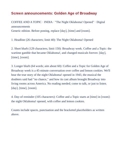 Preview of the first page: Screen announcements