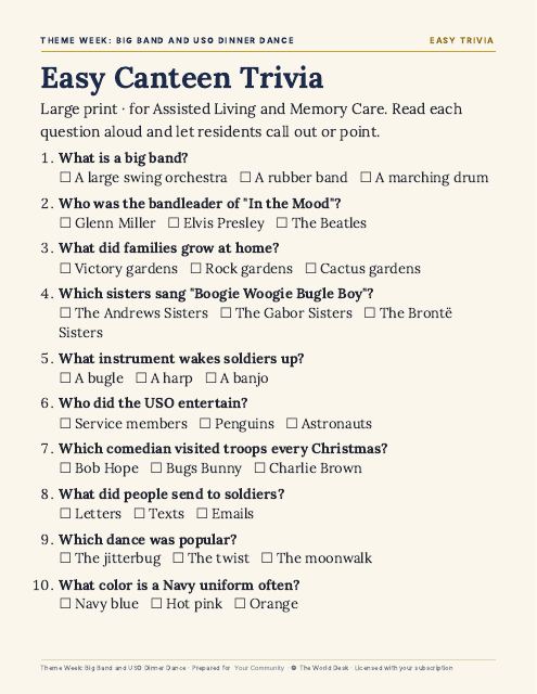 Preview of the first page: Easy trivia, large print (AL and MC)