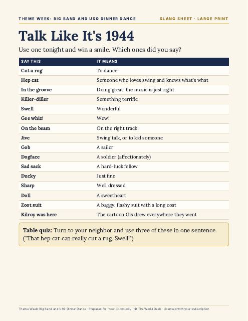 Preview of the first page: Slang Sheet: Talk Like It's 1944