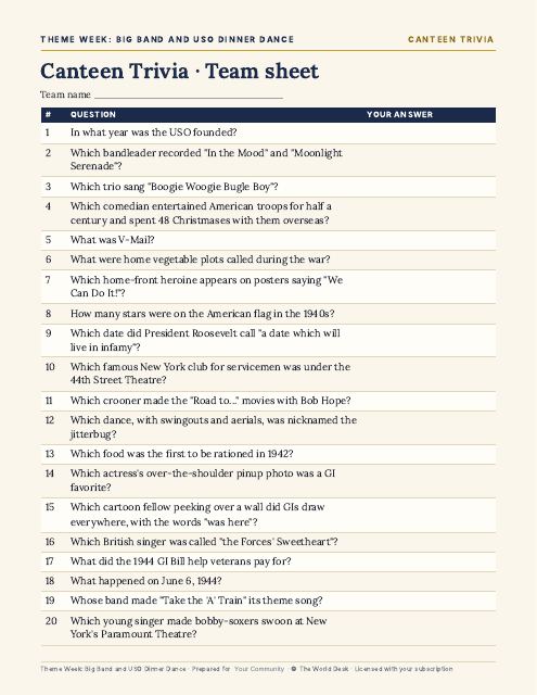 Preview of the first page: Trivia team sheet