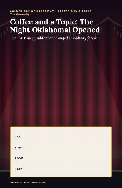 Preview of the first page: Coffee and a Topic: The Night Oklahoma! Opened · fillable poster, 11 × 17