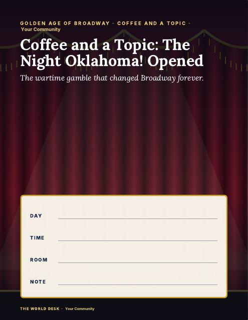 Preview of the first page: Coffee and a Topic: The Night Oklahoma! Opened · fillable poster, letter size
