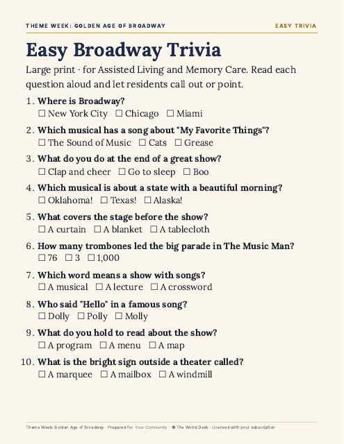 Preview of the first page: Easy trivia, large print (AL and MC)