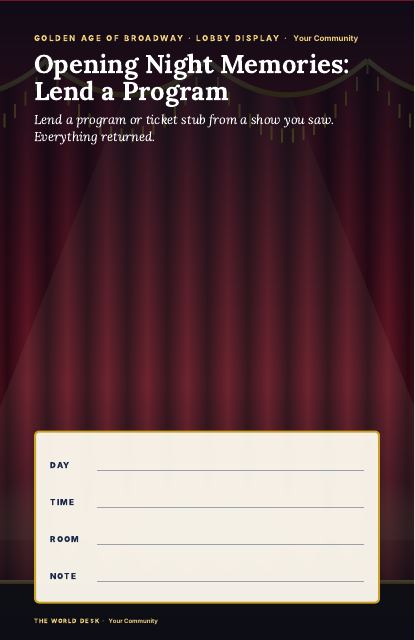 Preview of the first page: Opening Night Memories: Lend a Program · fillable poster, 11 × 17