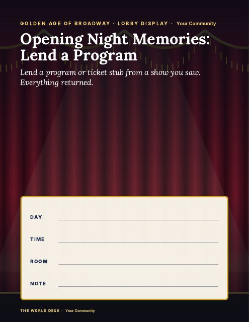 Preview of the first page: Opening Night Memories: Lend a Program · fillable poster, letter size