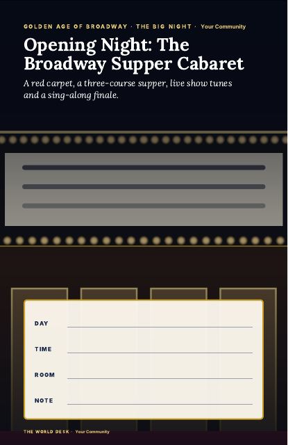 Preview of the first page: Opening Night: The Broadway Supper Cabaret · fillable poster, 11 × 17