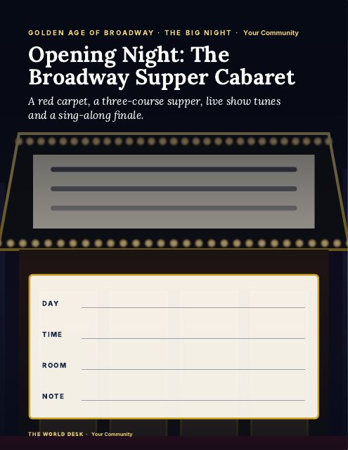 Preview of the first page: Opening Night: The Broadway Supper Cabaret · fillable poster, letter size