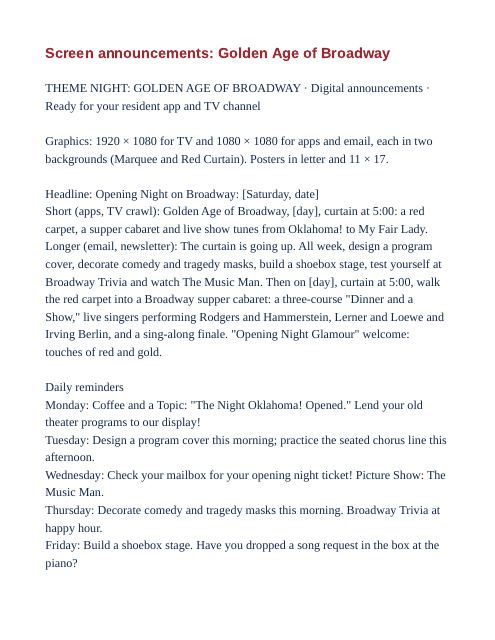 Preview of the first page: Screen announcements