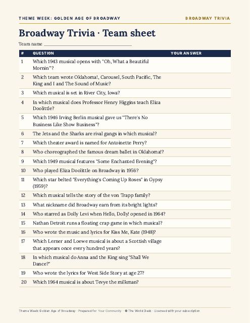 Preview of the first page: Trivia team sheet