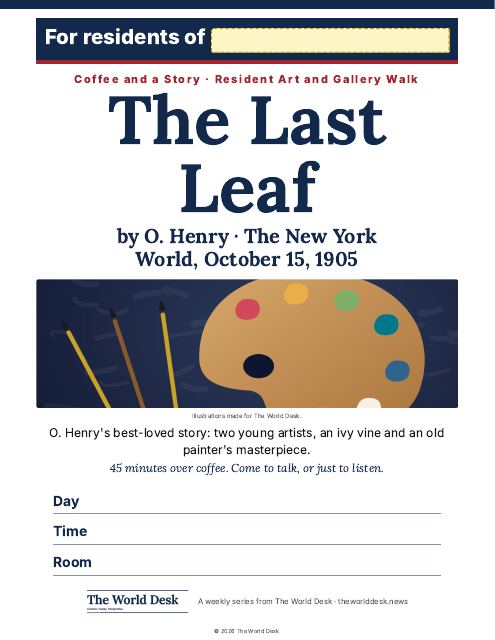 Preview of the first page: Coffee and a Story: The Last Leaf · fillable poster, letter size