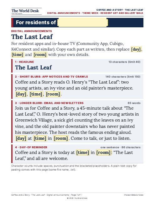 Preview of the first page: Coffee and a Story: The Last Leaf · Screen announcements