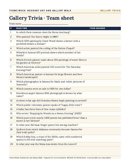 Preview of the first page: Trivia team sheet