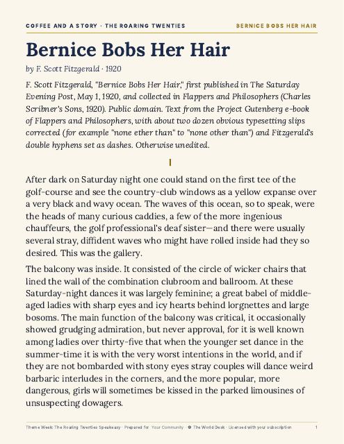 Preview of the first page: Coffee and a Story: Bernice Bobs Her Hair · Full story, large print