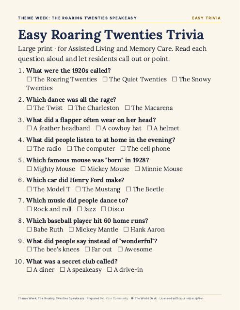 Preview of the first page: Easy trivia, large print (AL and MC)