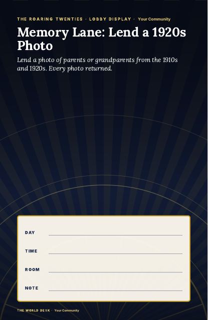 Preview of the first page: Memory Lane: Lend a 1920s Photo · fillable poster, 11 × 17
