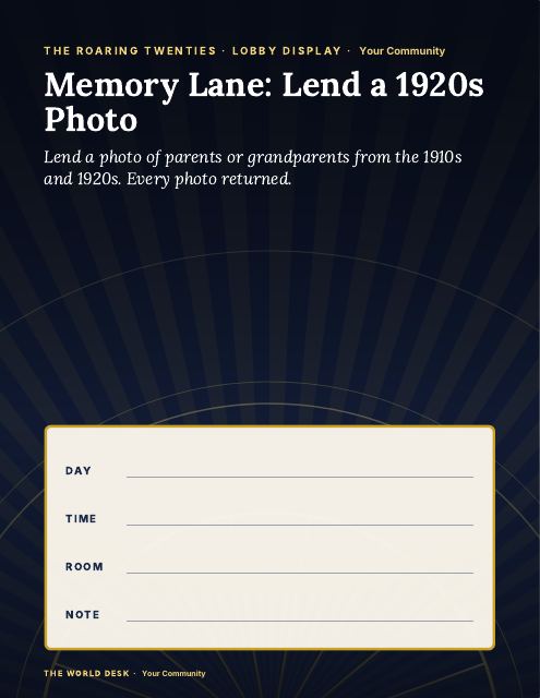 Preview of the first page: Memory Lane: Lend a 1920s Photo · fillable poster, letter size