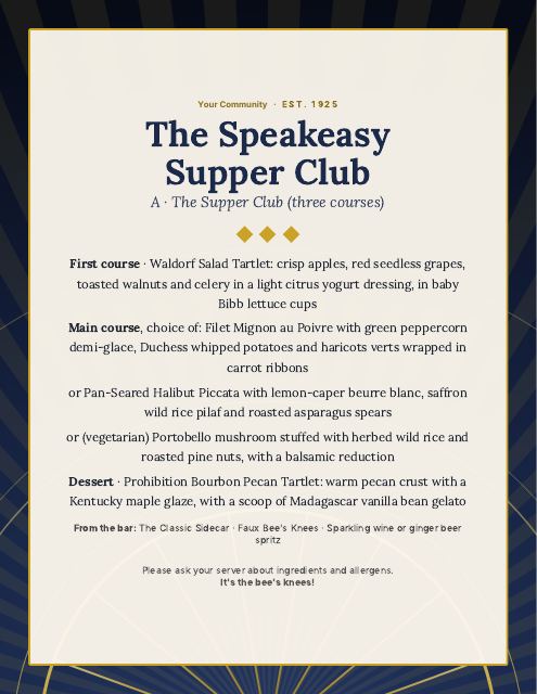 Preview of the first page: Supper Club Menu Cards