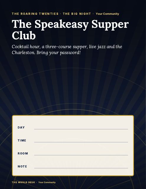 Preview of the first page: The Speakeasy Supper Club · fillable poster, letter size