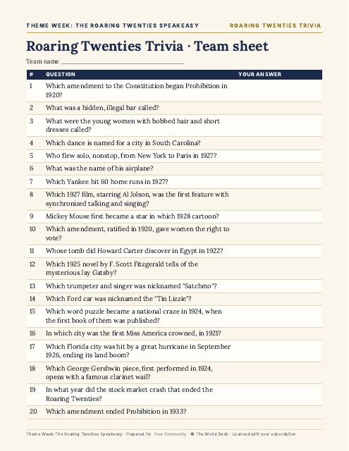 Preview of the first page: Trivia team sheet