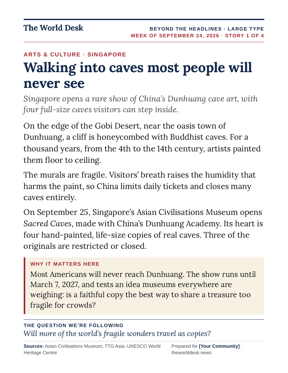 A large-type Beyond the Headlines page: Walking into caves most people will never see.