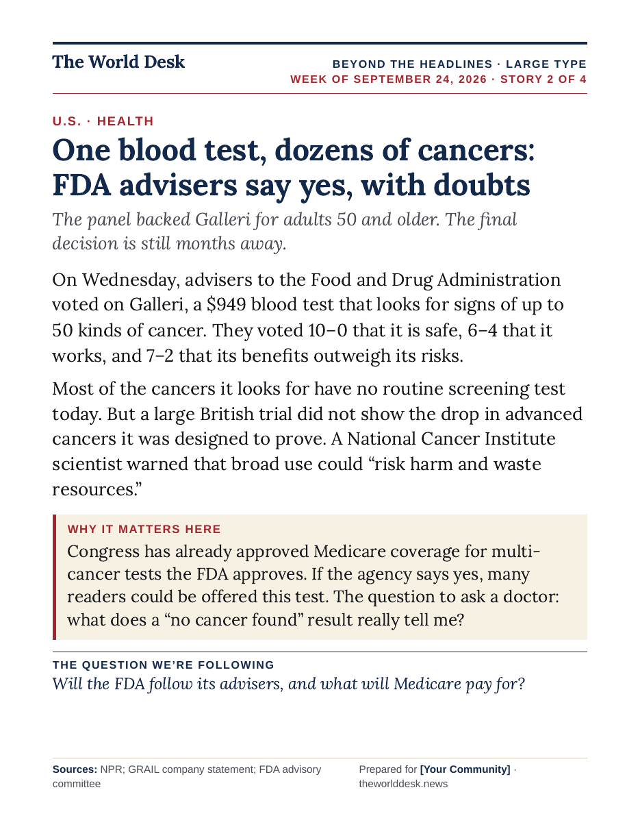 Beyond the Headlines, story 2 of 4: One blood test, dozens of cancers: FDA advisers say yes, with doubts