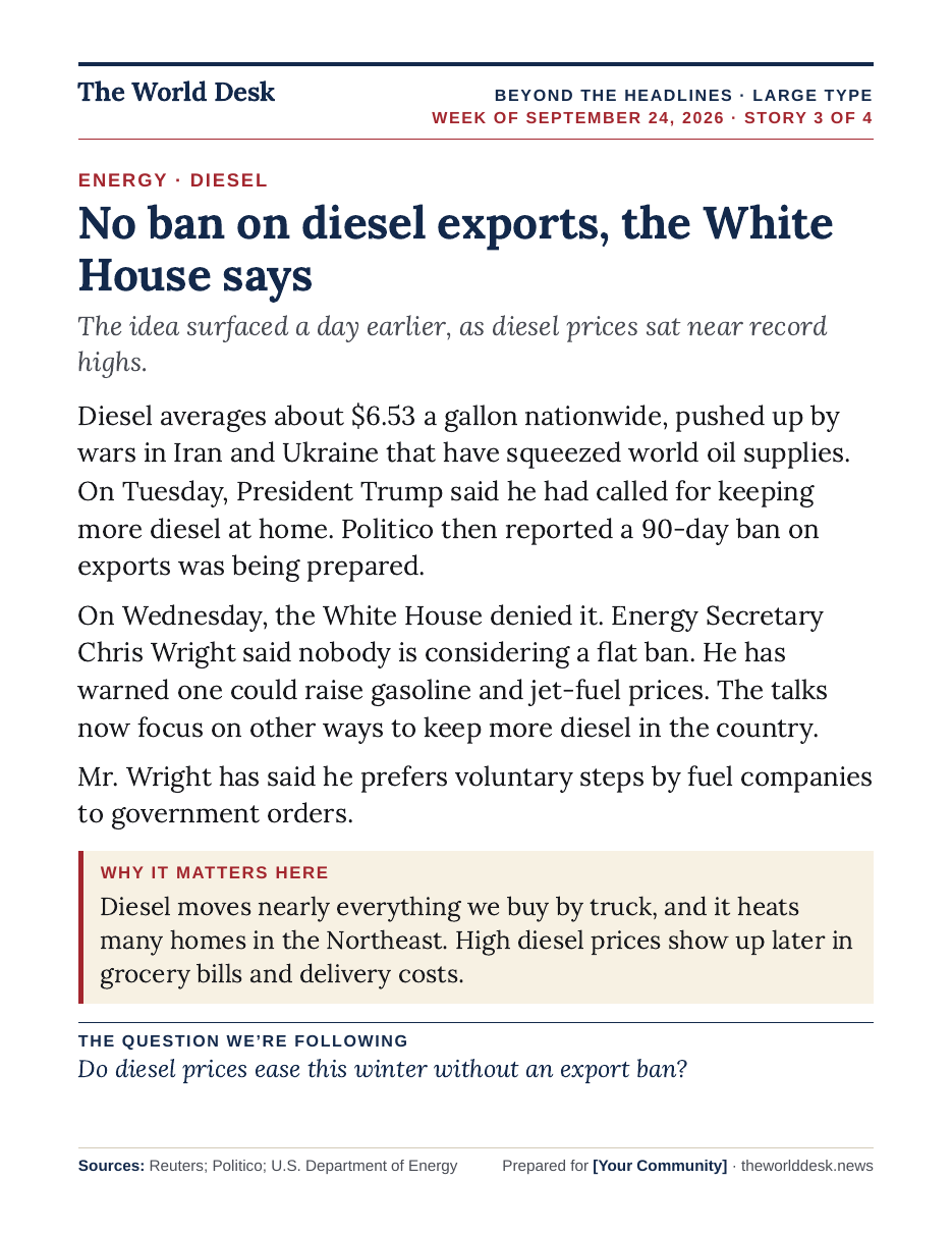 Beyond the Headlines, story 3 of 4: No ban on diesel exports, officials say