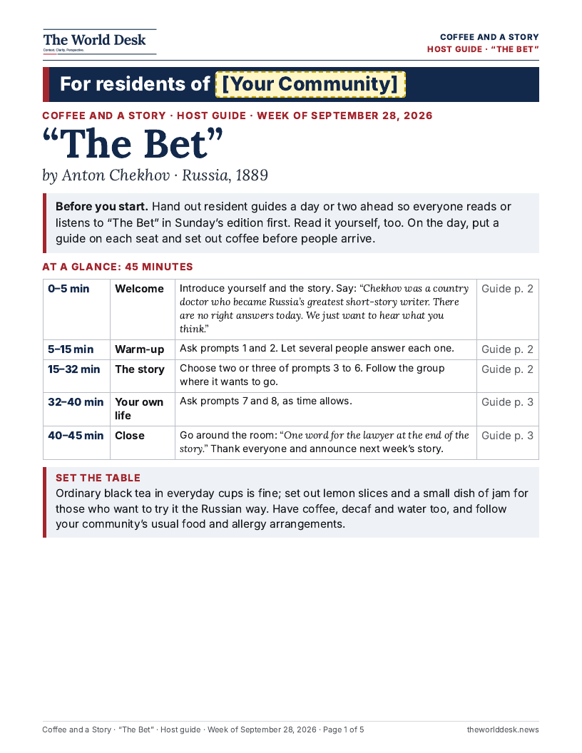 Coffee and a Story host guide, “The Bet,” page 1 of 3