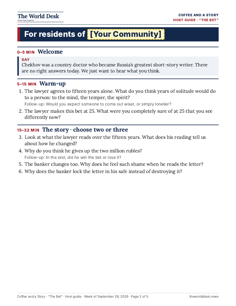 Coffee and a Story host guide, “The Bet,” page 2 of 3