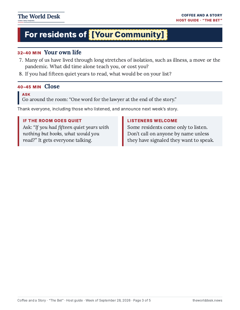 Coffee and a Story host guide, “The Bet,” page 3 of 3