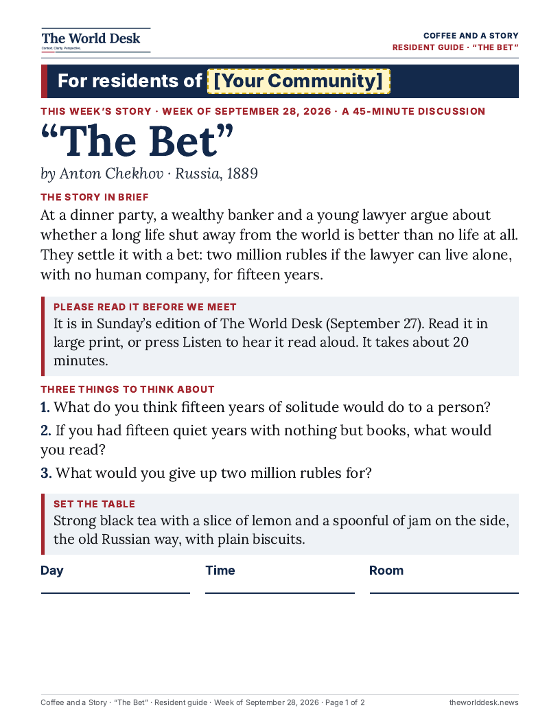 Coffee and a Story resident sheet — “The Bet” by Anton Chekhov, week of September 27, 2026
