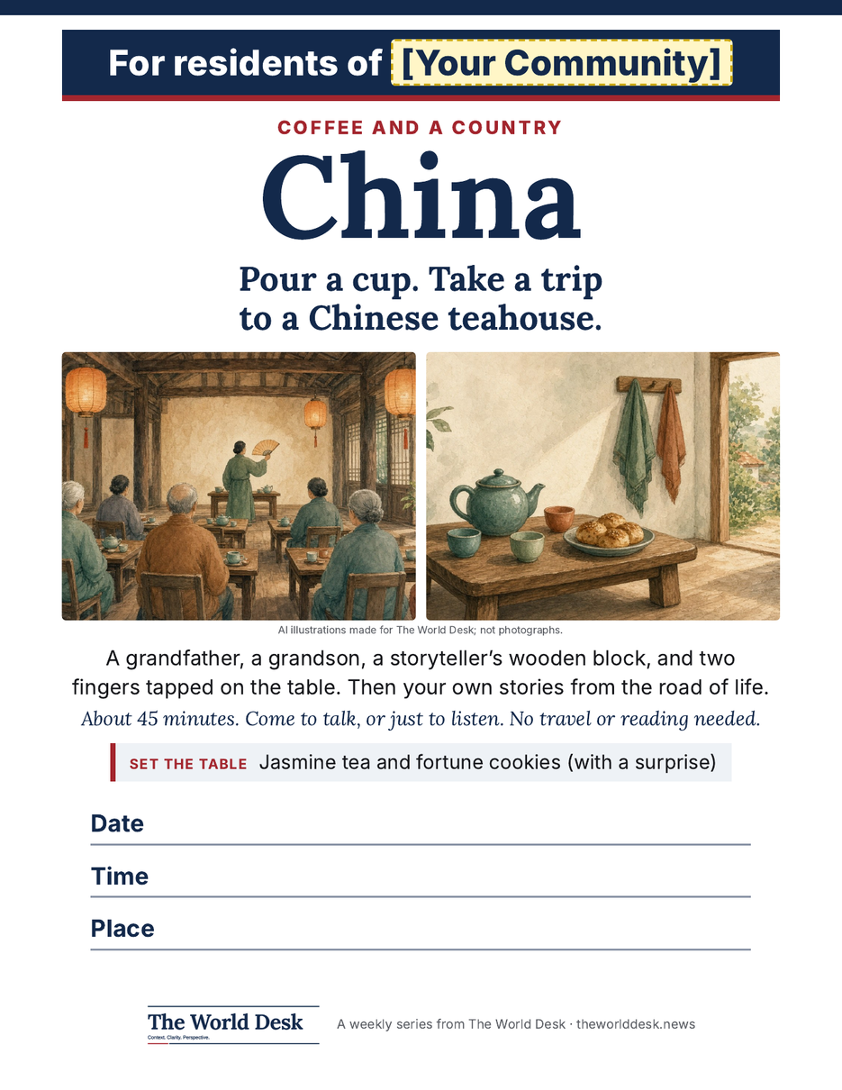 The China poster for Coffee and a Topic, with a large question, two pictures, and blank lines for Date, Time and Location