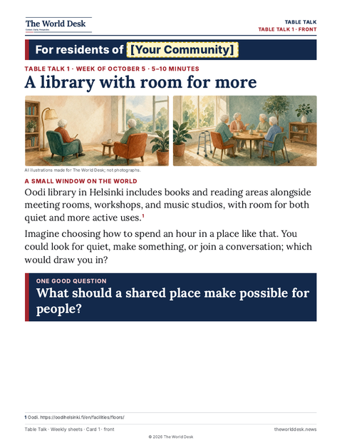 A Table Talk card: A library with room for more